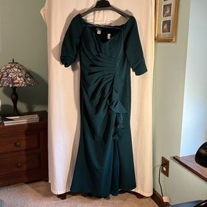 MGNY Emerald green fit & flare, off the shoulder, ruffled evening gown